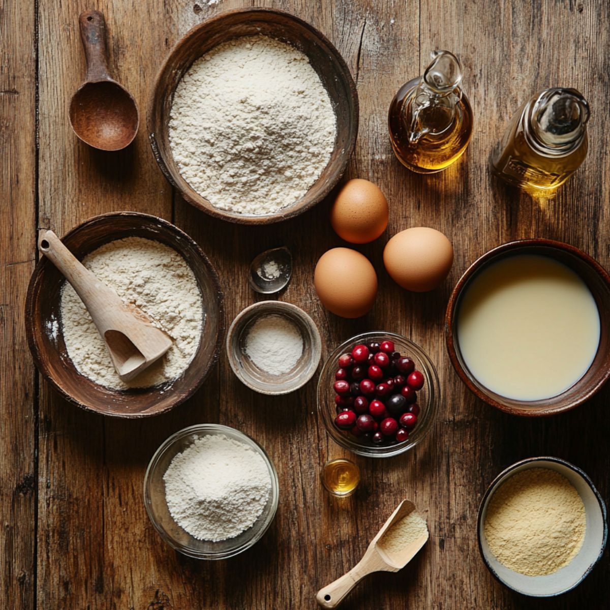 A rustic kitchen scene showing ingredients for cranberry muffins: bowls of flour, sugar, and milk, fresh cranberries, eggs, vegetable oil in glass bottles, baking powder, vanilla extract, and a wooden scoop, all arranged on a warm wooden surface