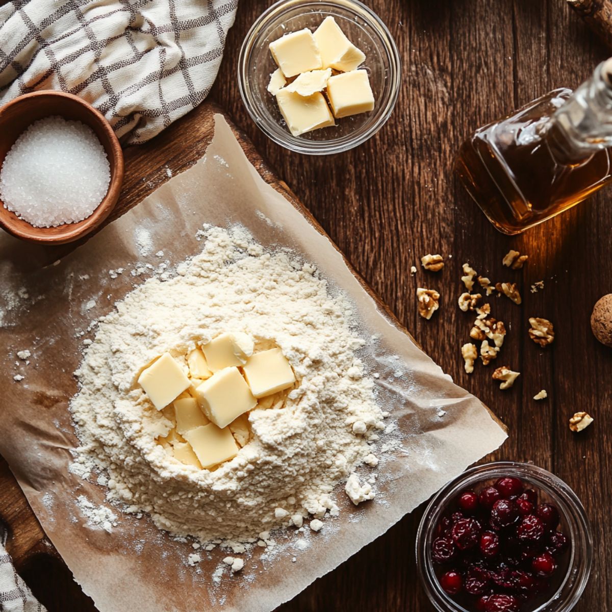 Pie crust ingredients on a wooden table: flour with butter cubes, sugar, orange liqueur, chopped walnuts, and cranberries, set on parchment in a cozy kitchen scene.