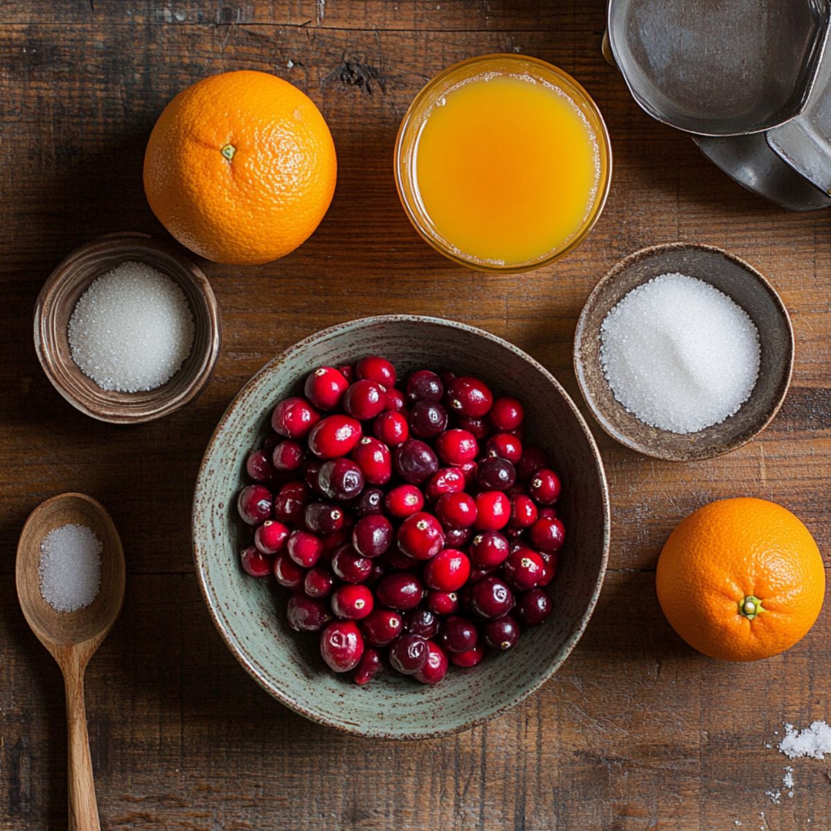 Fresh cranberry pie filling ingredients on a rustic wooden table: a bowl of cranberries, two whole oranges, a glass of orange juice, bowls of sugar, and a spoonful of salt.