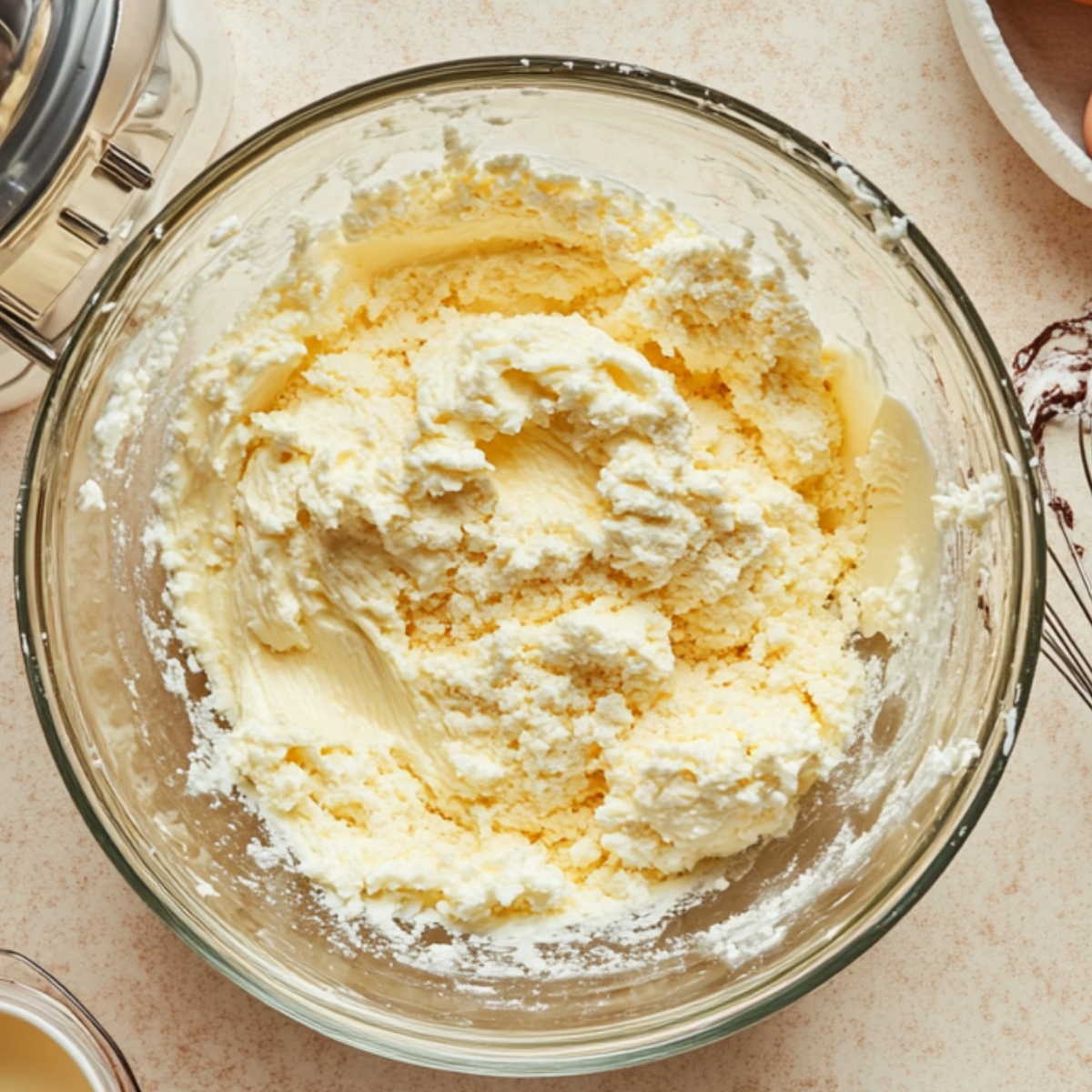 Top-down view of a glass bowl with creamed butter and sugar on a beige countertop, surrounded by a whisk, eggs, and buttermilk—warm, homemade baking vibe.