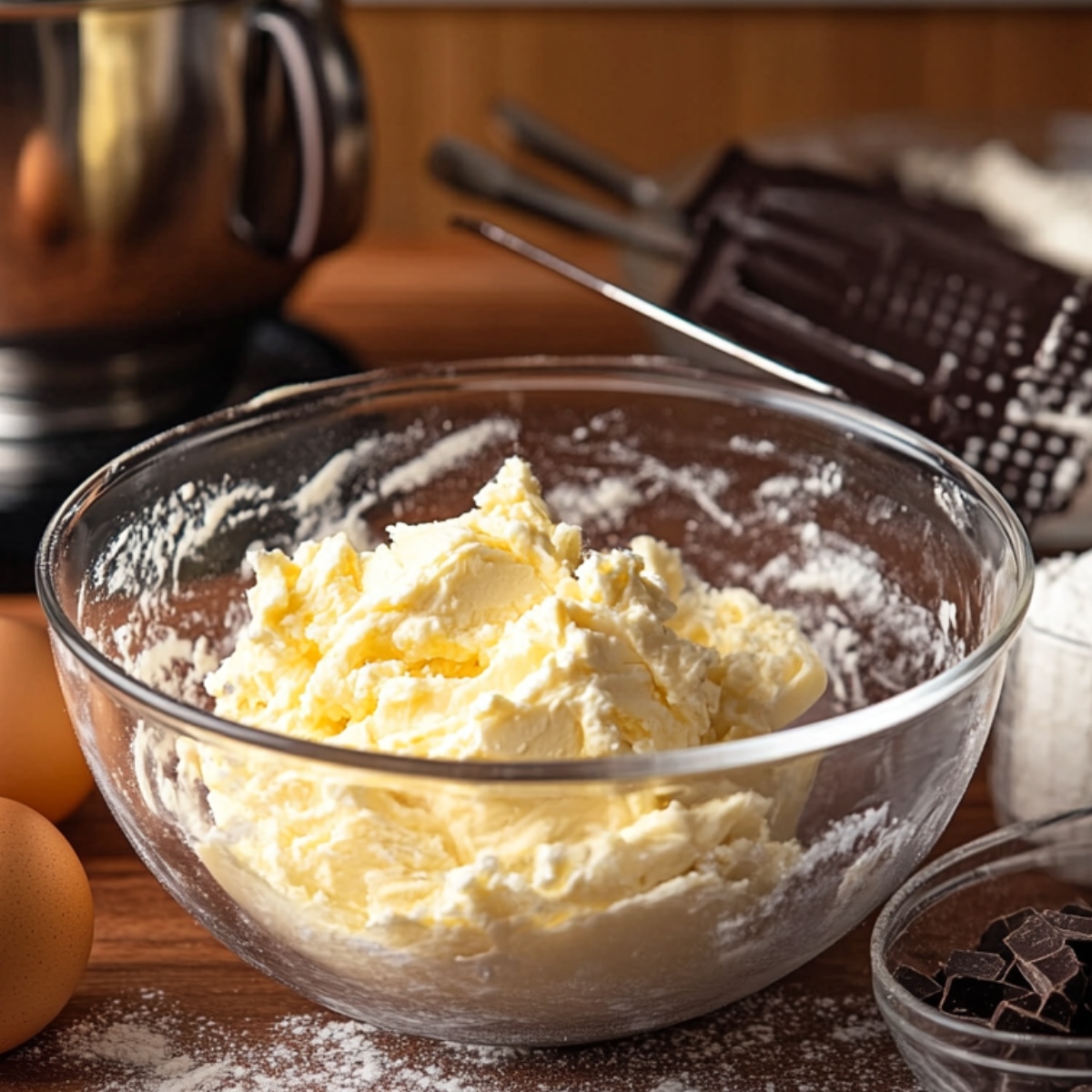 Creamed butter and sugar in a glass bowl on a floured wooden counter, surrounded by eggs, chocolate chunks, and baking tools in a cozy kitchen setting.