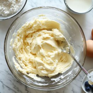Creamy cookie dough in a glass bowl with nearby eggs, milk, flour, and blueberries on a marble countertop.