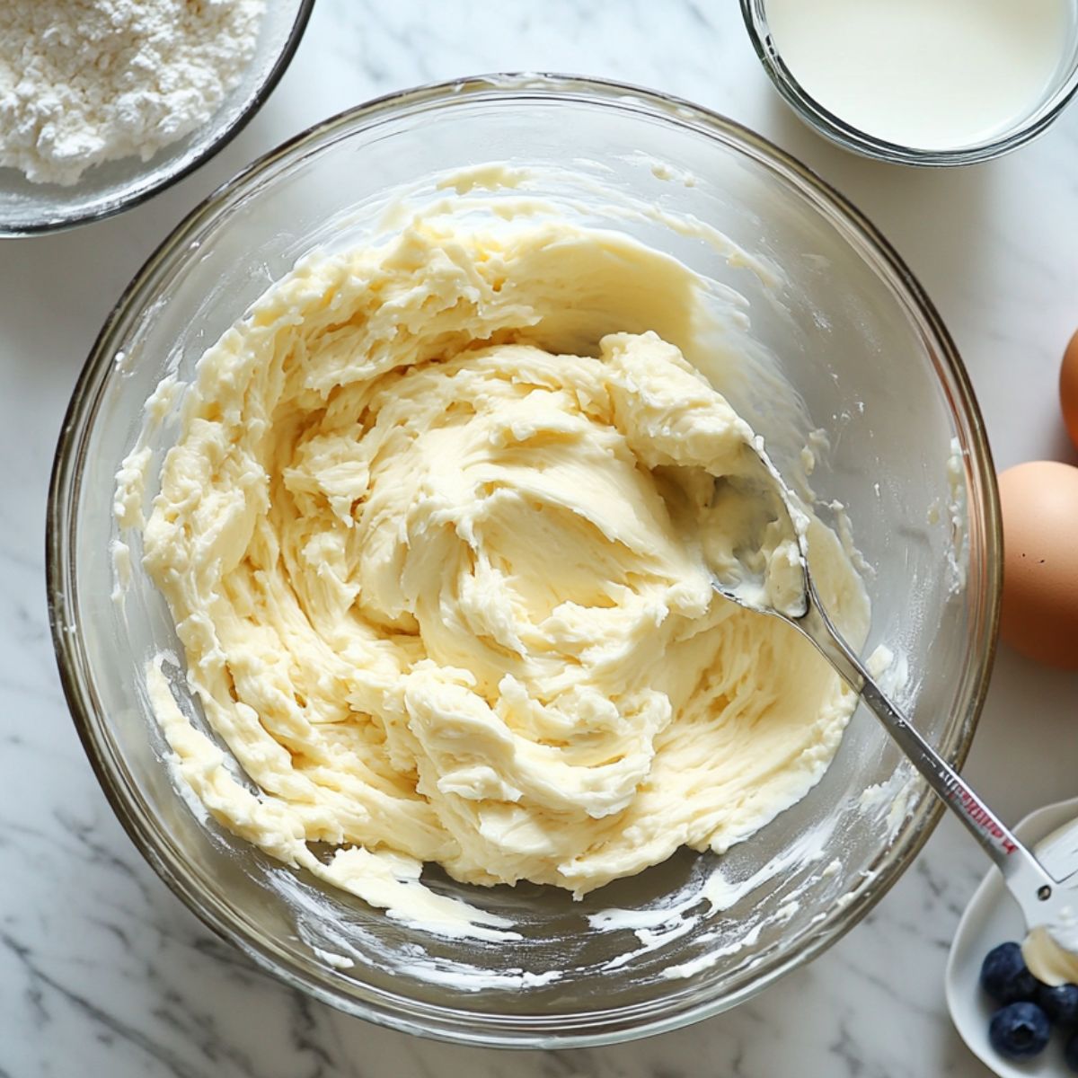 Creamy cookie dough in a glass bowl with nearby eggs, milk, flour, and blueberries on a marble countertop.