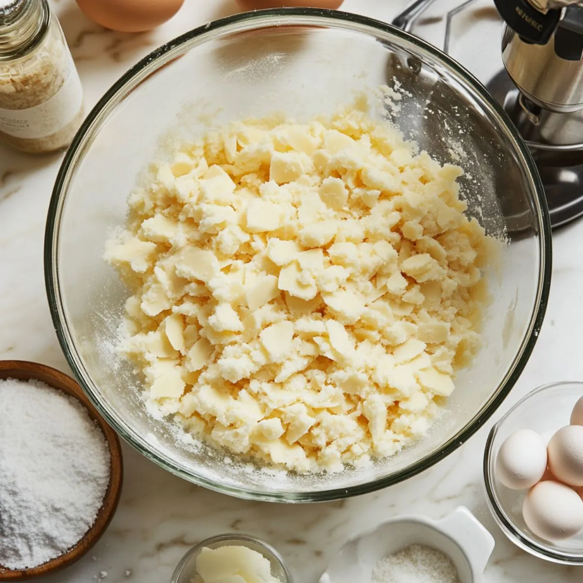 Crumbly almond paste mixture in a glass bowl with baking ingredients around it, during early stages of making Pignoli Cookies.