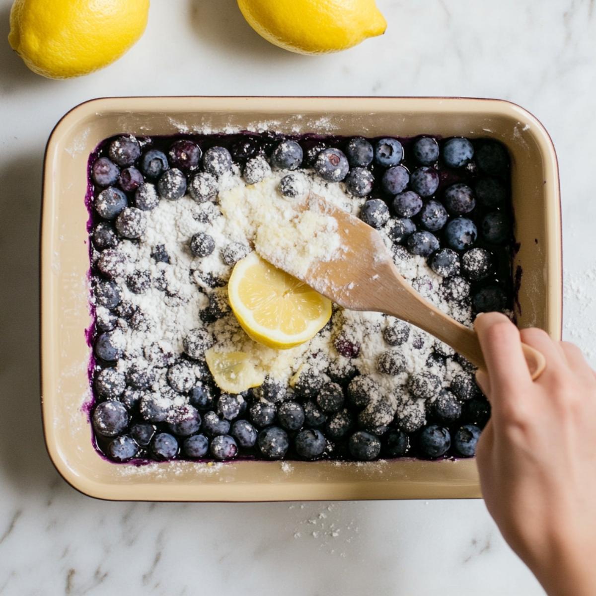 A hand spreading dry cake mix over fresh blueberries and lemon slices in a baking dish, prepping a homemade blueberry dump cake on a marble countertop.