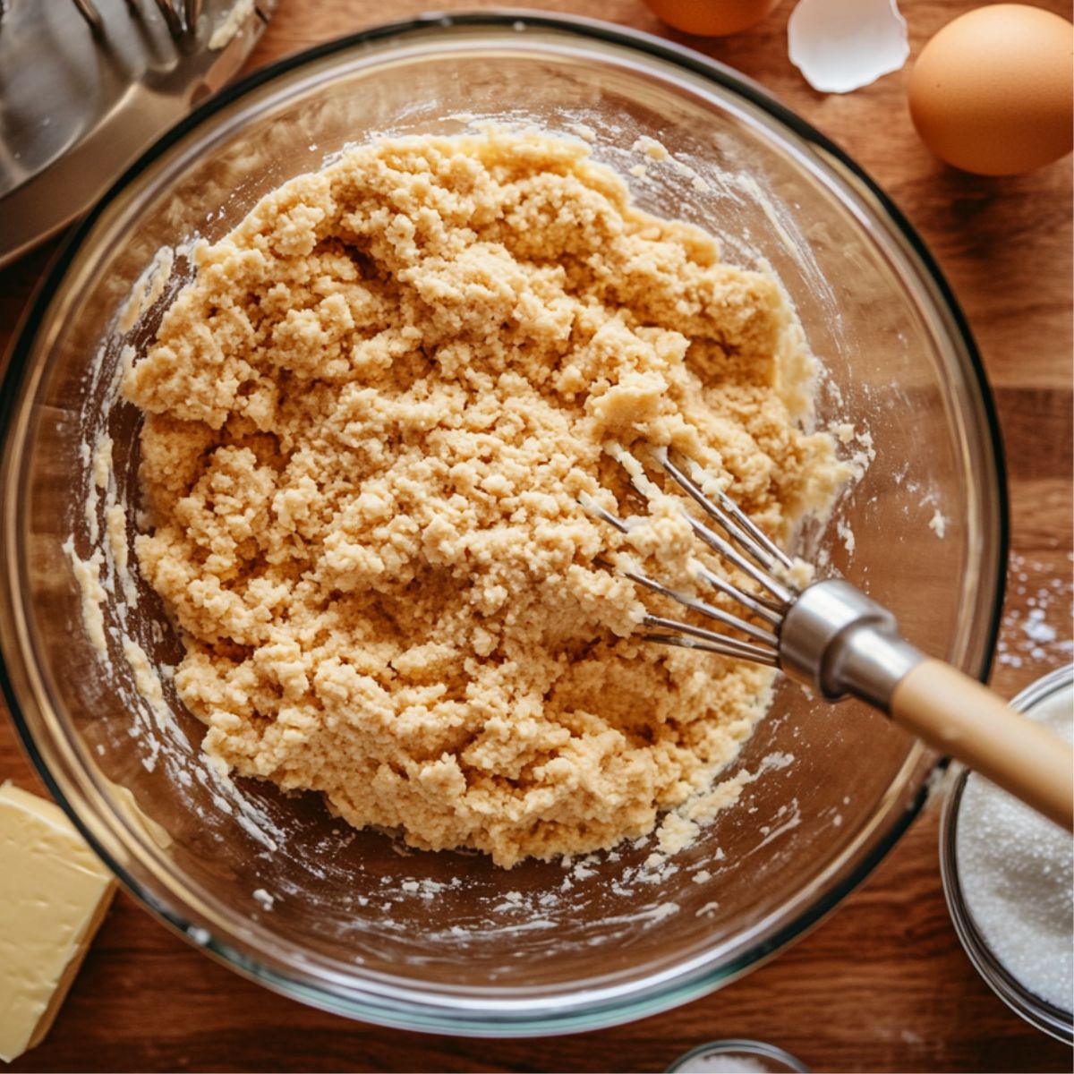 Glass bowl of thick cookie dough being mixed with a whisk, surrounded by eggs, butter, and sugar on a wooden surface.