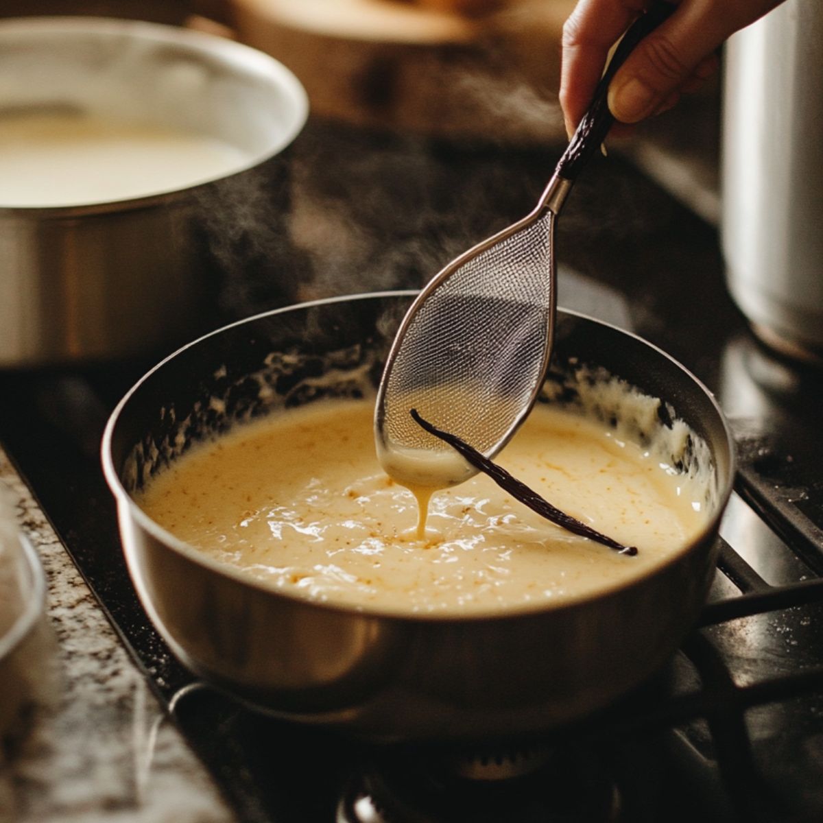 Homemade custard for crème brûlée cake cooking on the stove, with a vanilla bean in the pot and custard being strained through a fine mesh sieve.