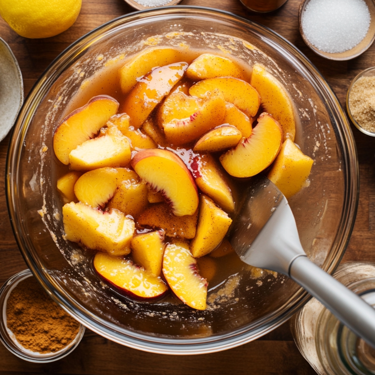 Sliced canned peaches mixed with sugar and spices in a glass bowl, with a spatula and ingredients like lemon, cinnamon, and vanilla nearby.