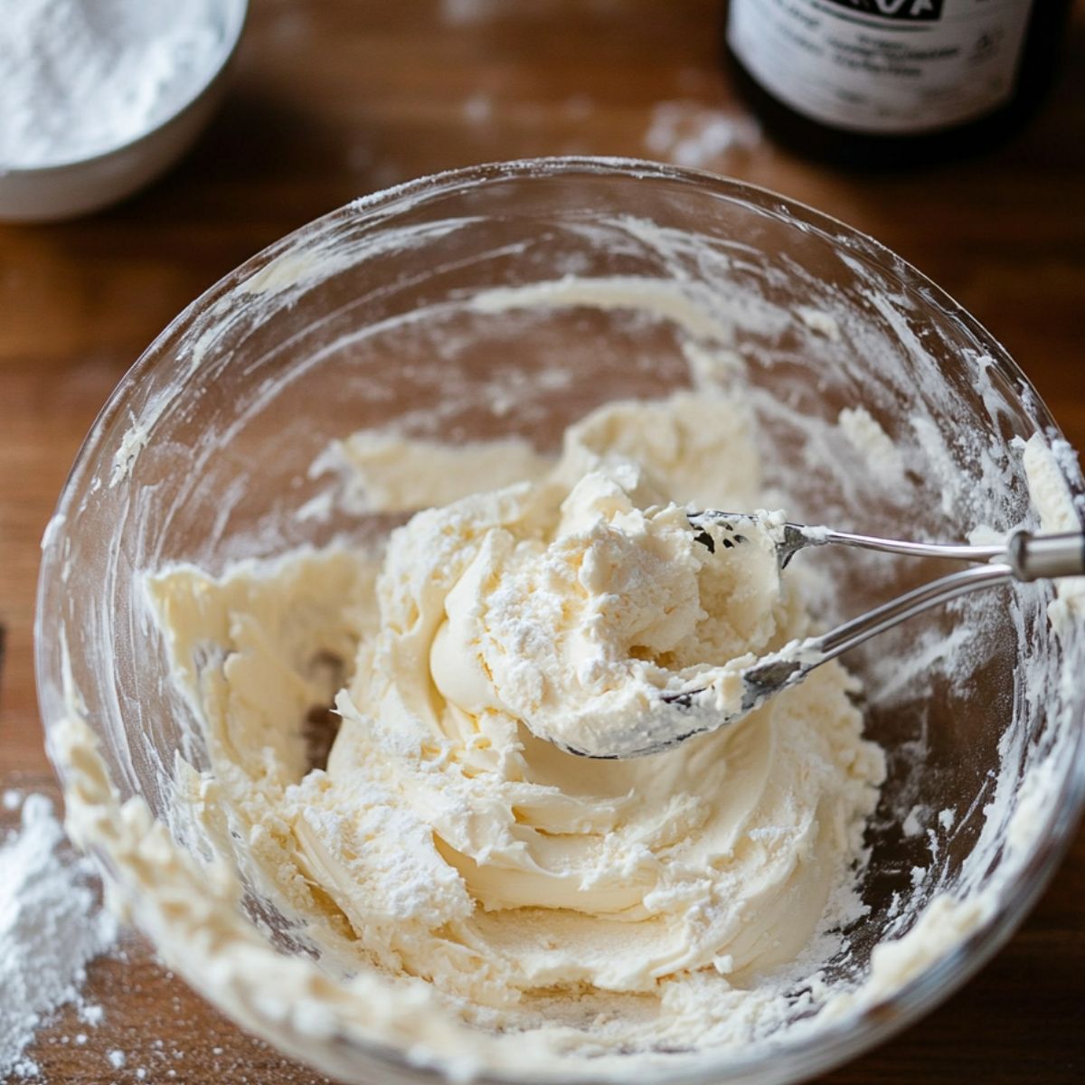 Fluffy cream cheese filling being scooped from a glass bowl, surrounded by powdered sugar and vanilla on a wooden surface.