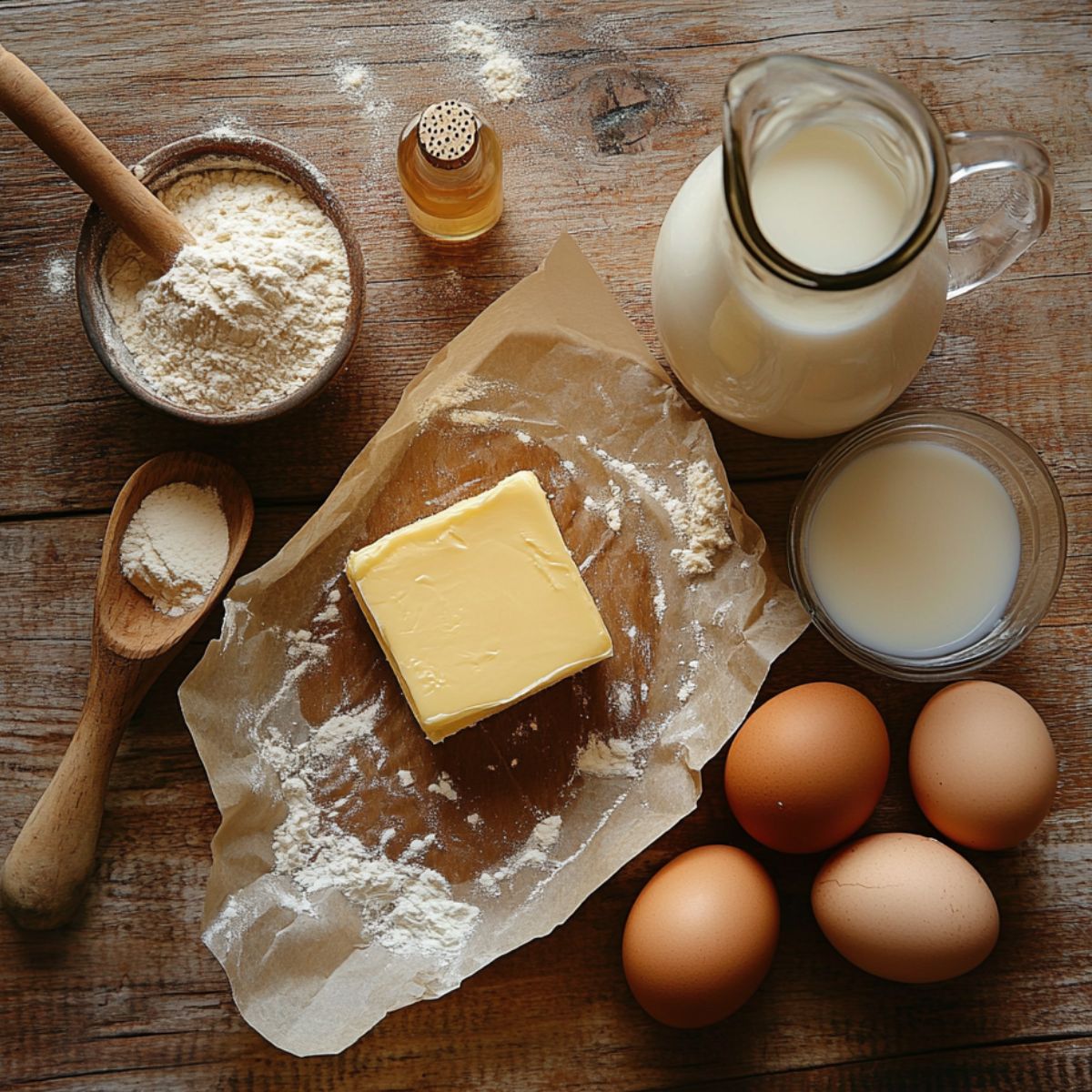 Homemade baking ingredients for crème brûlée cake on a rustic wooden table—real butter on parchment, brown eggs, cake flour with a wooden scoop, whole milk, and vanilla extract, all naturally arranged in warm lighting.