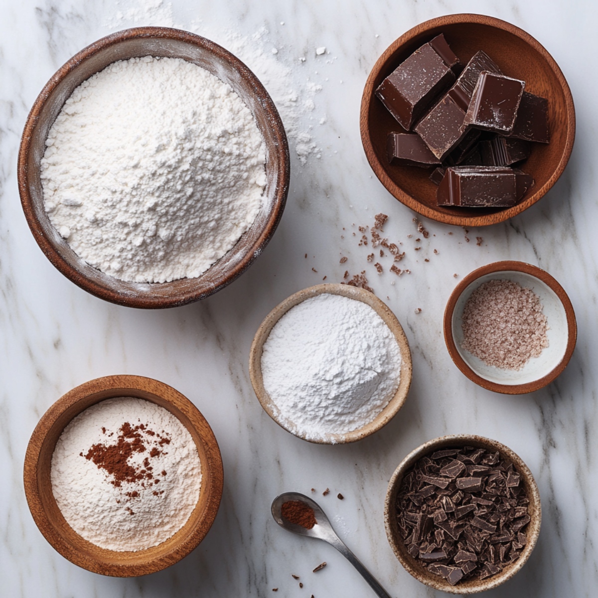 Baking ingredients for crinkle cookies on a marble counter, including flour, cocoa powder, powdered sugar, salt, and chopped chocolate.