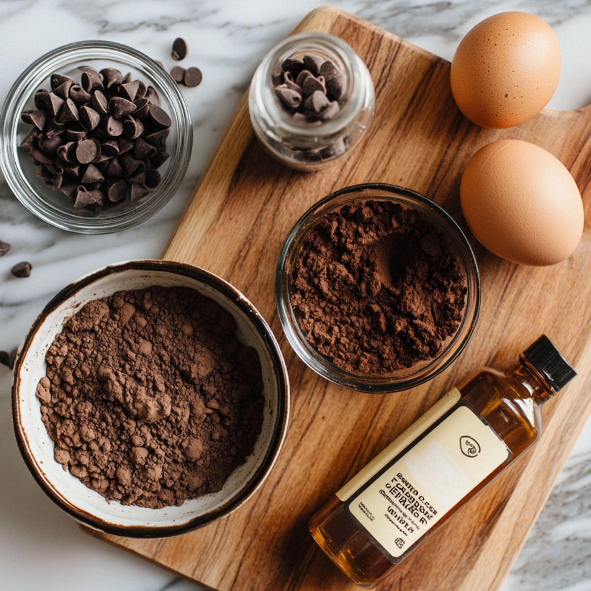 Ingredients for homemade crinkle cookies, including cocoa powder, chocolate chips, eggs, and vanilla extract arranged on a wooden board and marble counter.