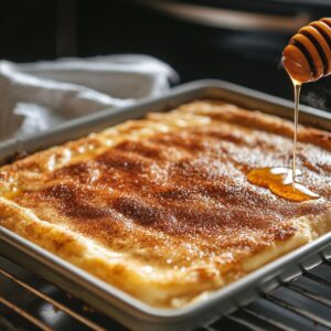 Freshly baked sopapilla cheesecake in a pan, golden brown with cinnamon sugar topping, as honey is drizzled over the surface using a wooden dipper.