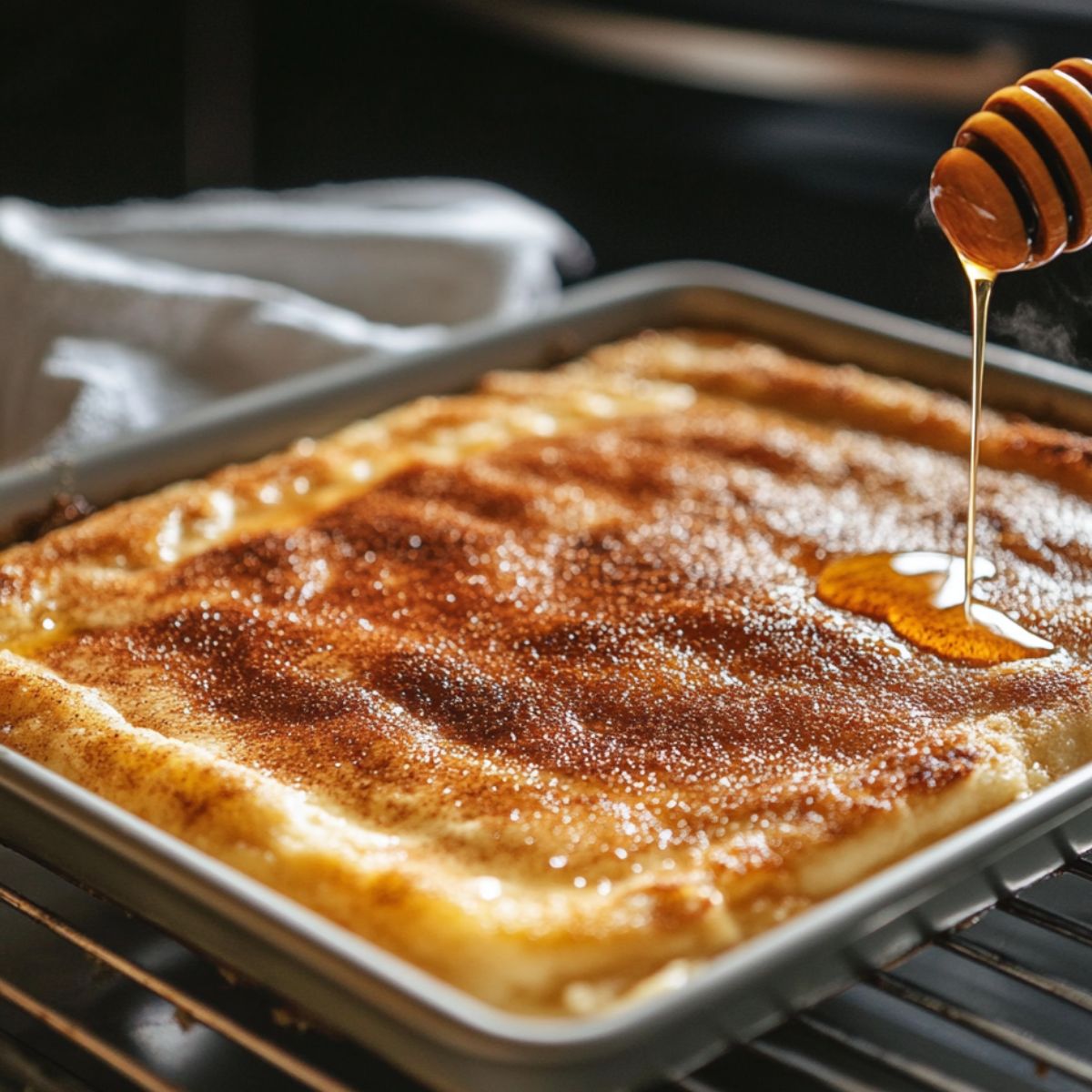 Freshly baked sopapilla cheesecake in a pan, golden brown with cinnamon sugar topping, as honey is drizzled over the surface using a wooden dipper.