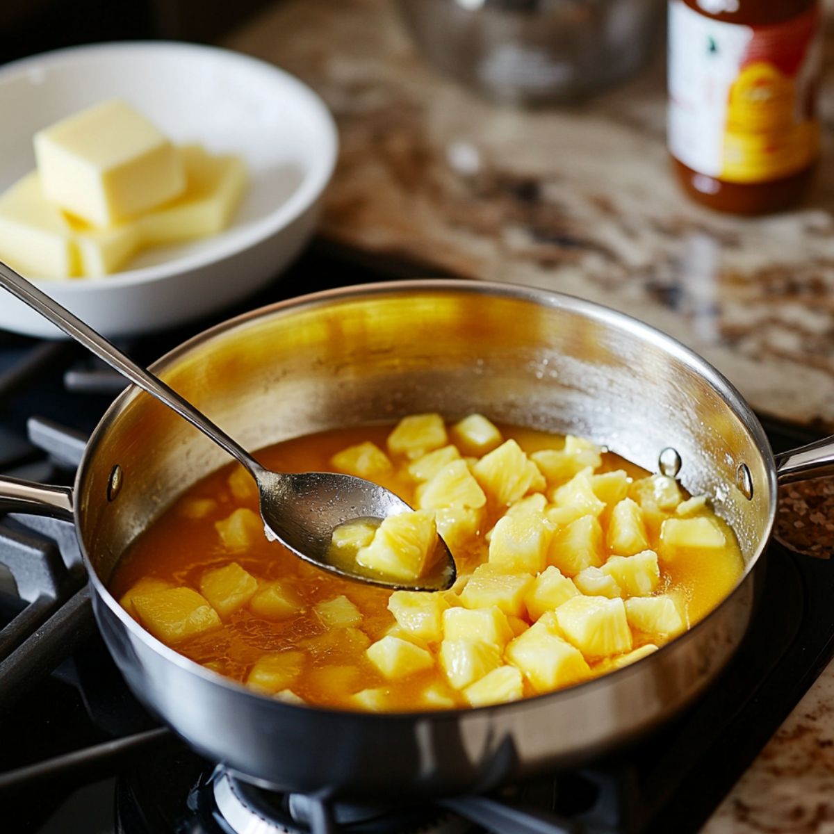 Diced pineapple cooking in syrup in a saucepan on the stove, with a spoon inside and butter in a bowl nearby.