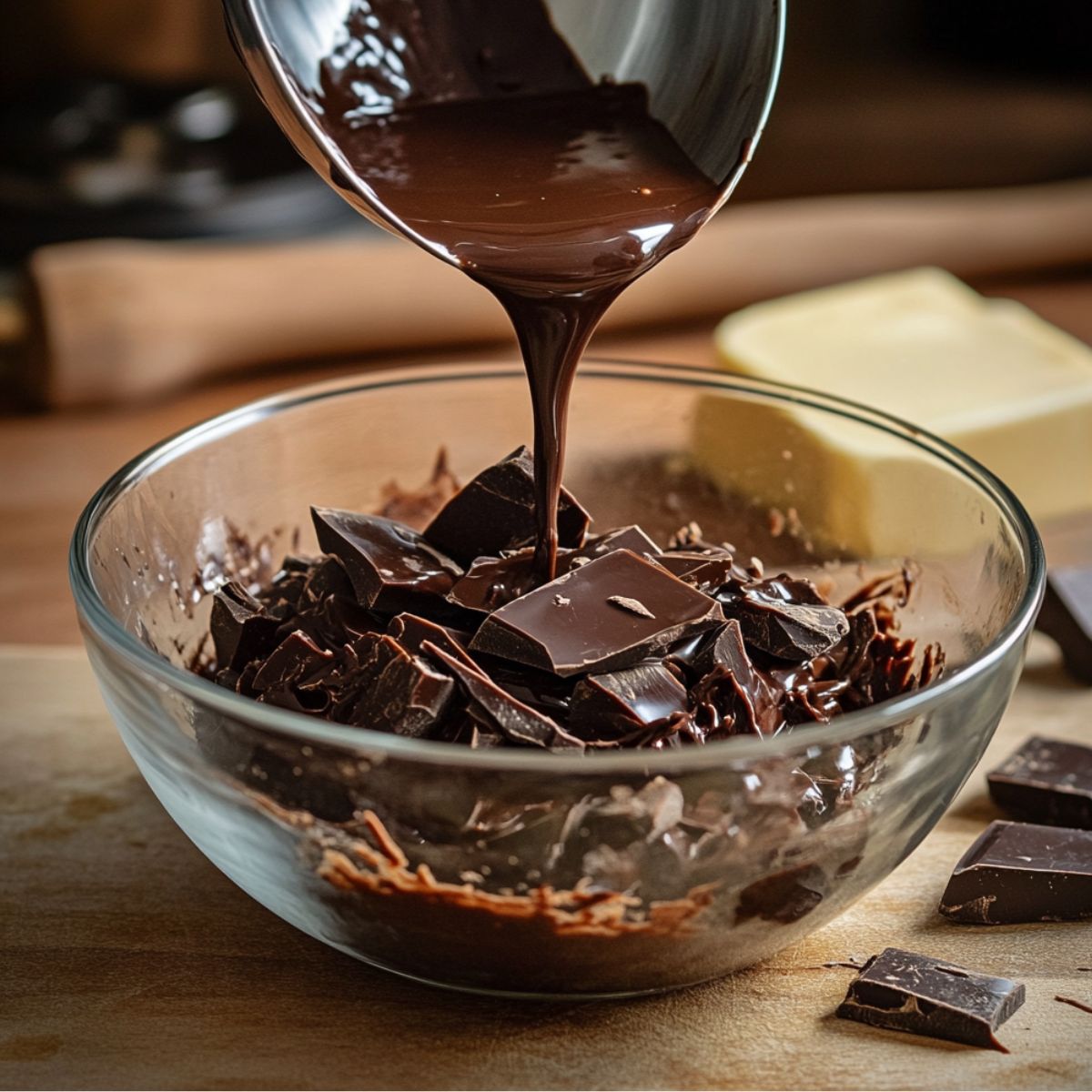 Hot melted chocolate being poured over chopped chocolate in a glass bowl to make homemade ganache, with butter and chocolate pieces nearby.