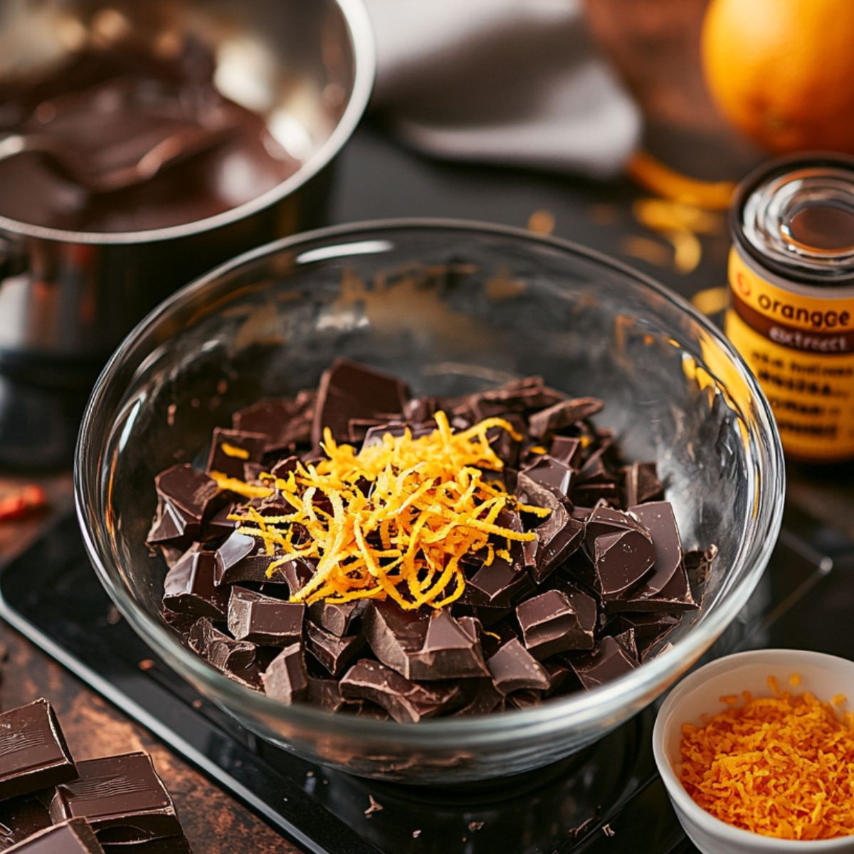 Chopped dark chocolate topped with orange zest in a glass bowl, with orange extract, extra zest, and a saucepan of melted chocolate in the background.