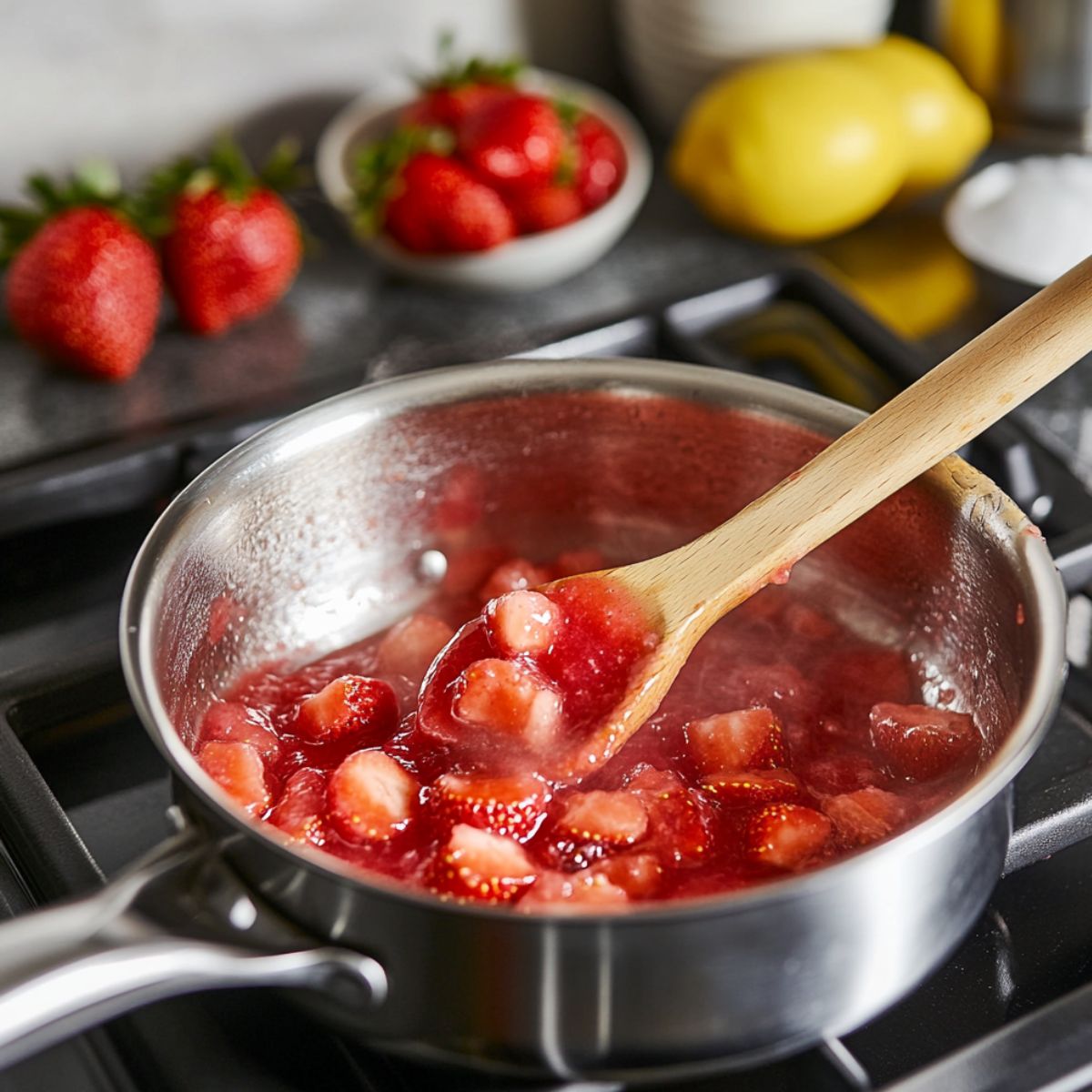 Homemade strawberry filling bubbling in a saucepan, stirred with a wooden spoon, with fresh strawberries and lemons in the background.