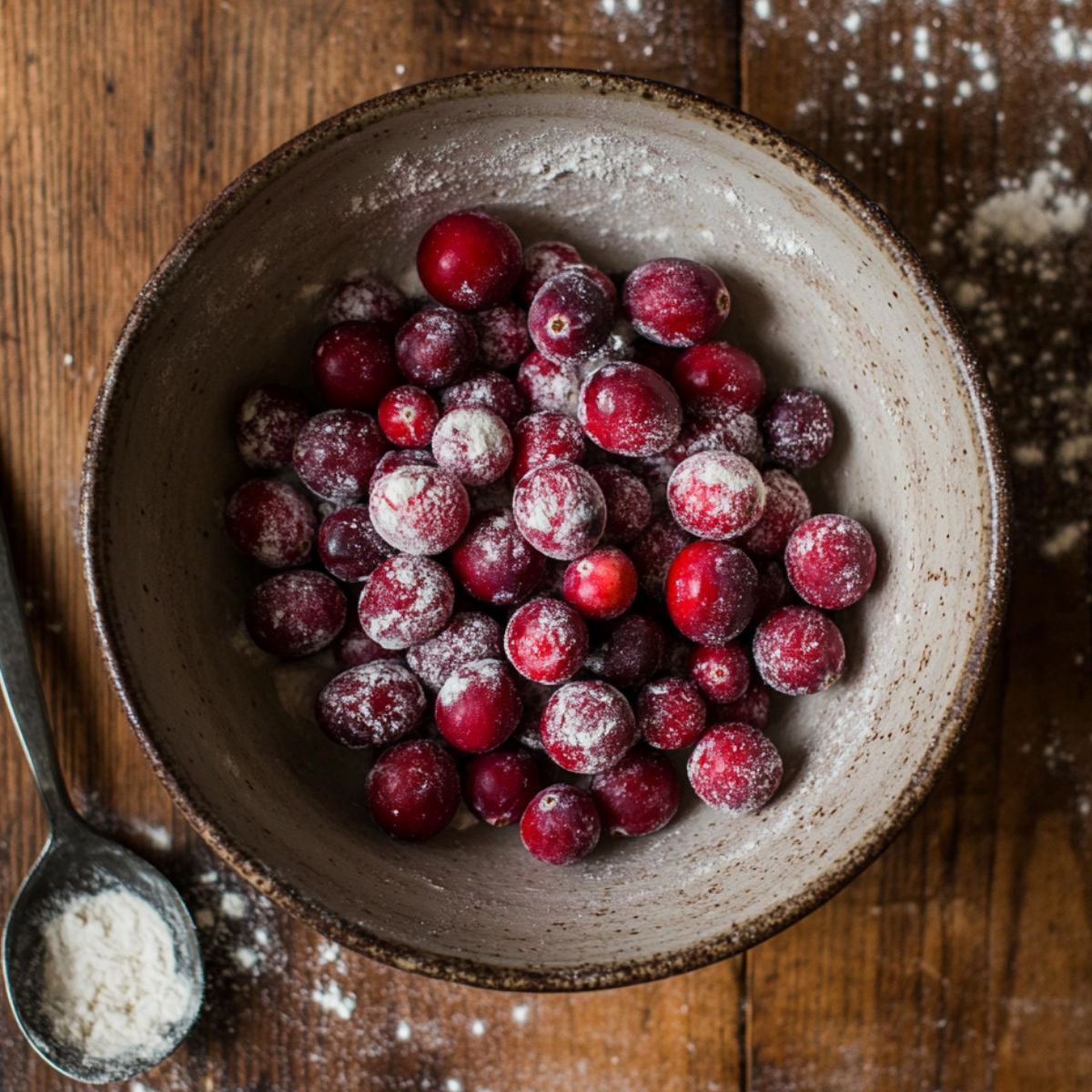 A bowl of fresh cranberries coated in flour, sitting on a wooden surface with scattered flour and a spoon nearby—ready for baking.