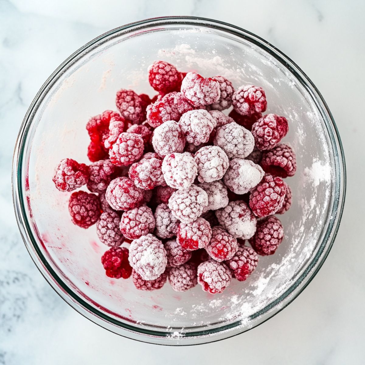 Fresh raspberries coated in flour in a glass bowl on a white marble countertop.