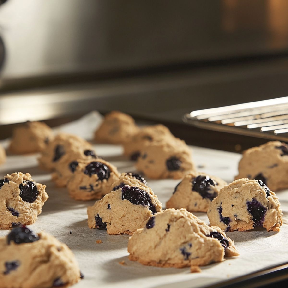 Freshly baked blueberry muffin cookies on a parchment-lined baking sheet, cooling in a warm kitchen.
