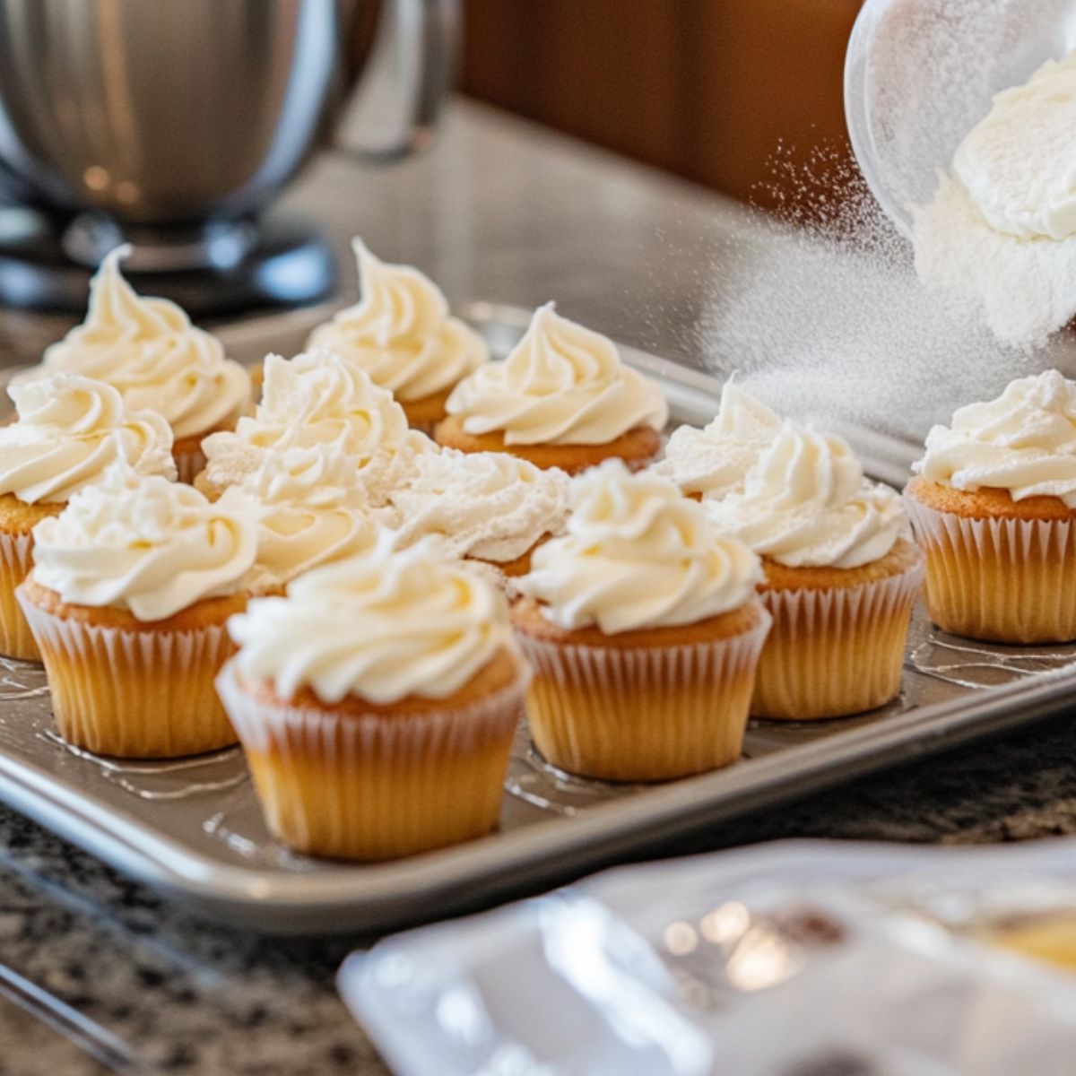 Homemade lemon raspberry cupcakes on a tray, topped with swirls of frosting as powdered sugar is being dusted over them in a cozy kitchen setting.