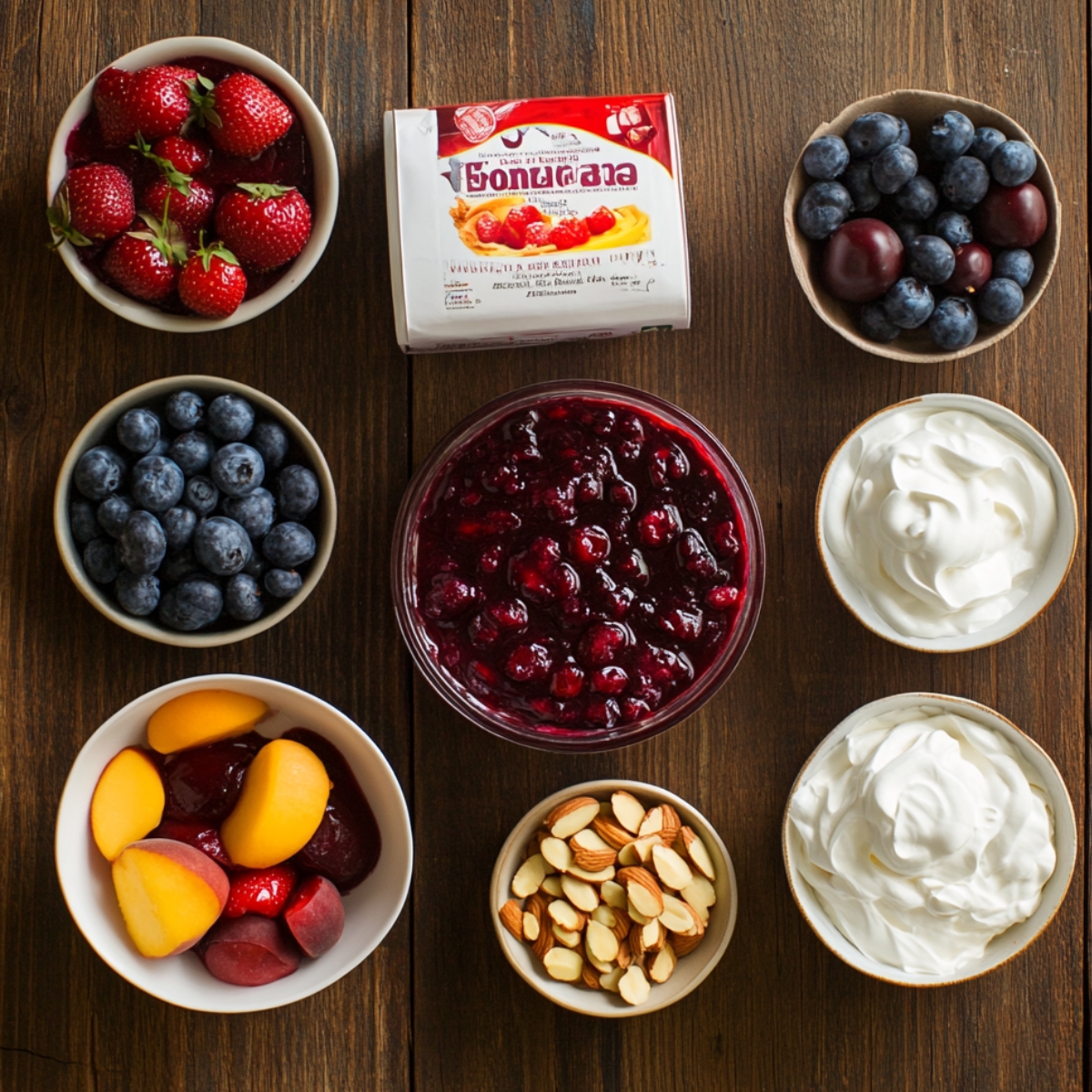 Ingredients for Heaven On Earth Cake including cherry pie filling, whipped topping, fresh berries, peach slices, and sliced almonds arranged on a wooden table.