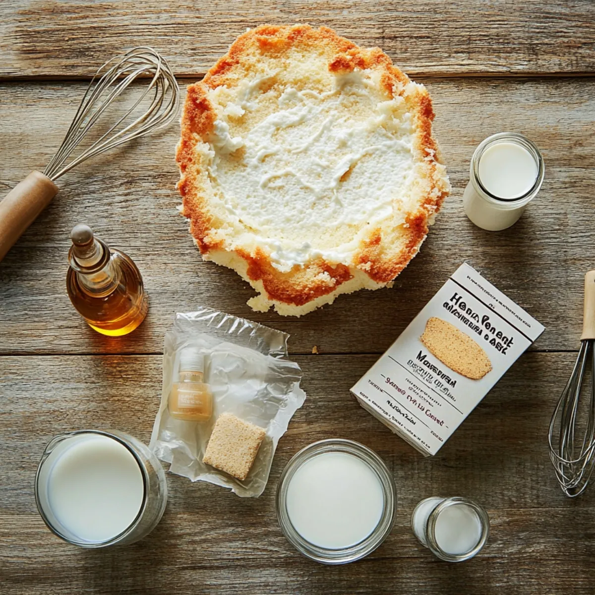 Angel food cake with milk, pudding mix, vanilla and almond extract, and baking tools arranged on a rustic wooden table.
