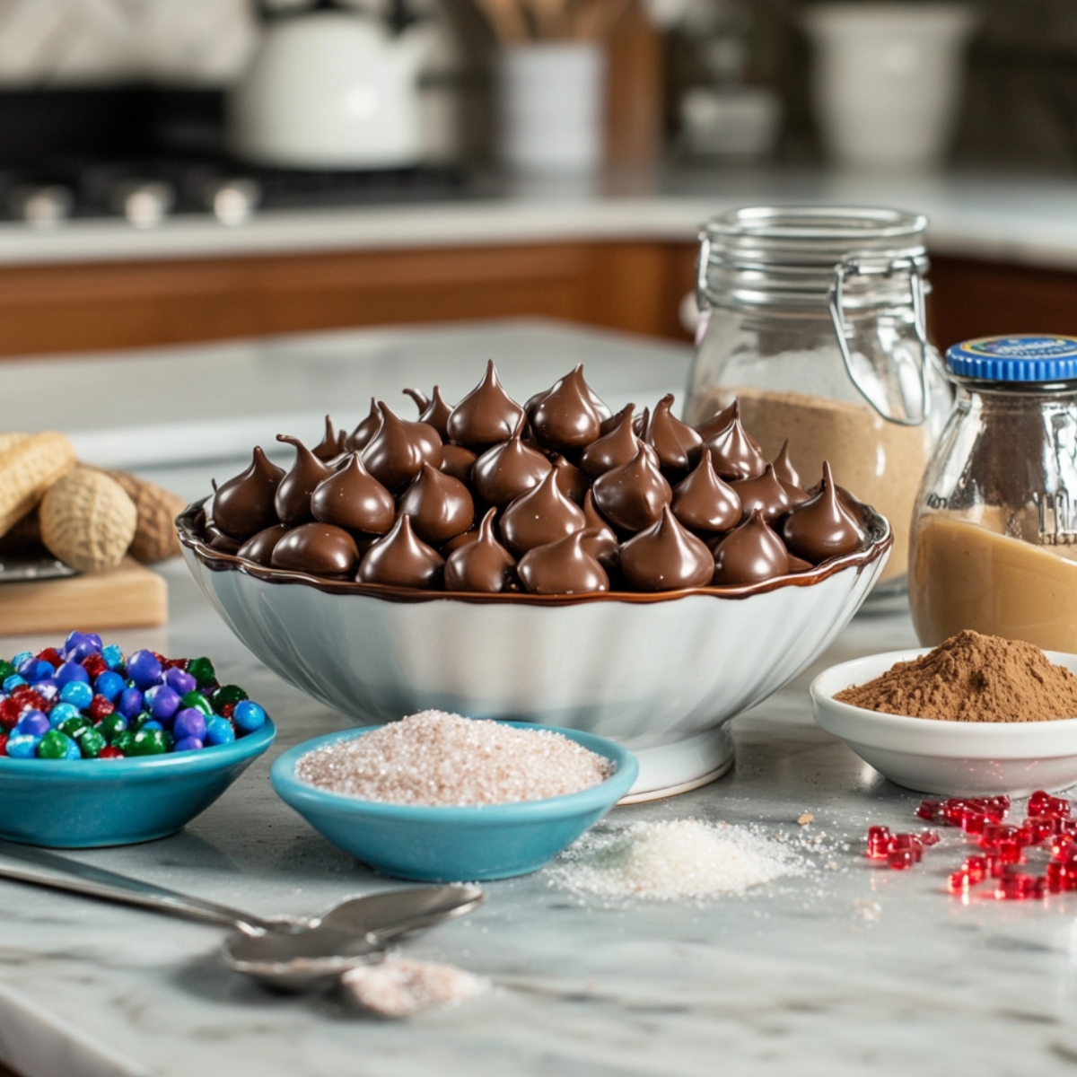 Bowl of Hershey’s Kisses surrounded by colorful candies, sugars, cocoa, peanut butter, and brown sugar on a kitchen counter ready for baking.