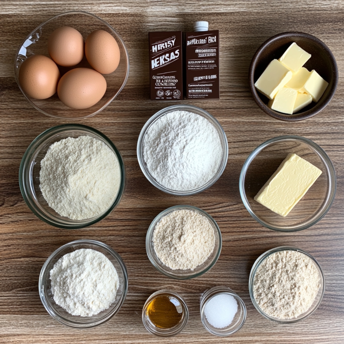 Overhead view of Hershey Kiss cookie ingredients on a wooden counter, including eggs, butter, sugars, flour, vanilla extract, and salt, arranged in glass bowls for home baking.