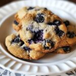 Homemade blueberry muffin cookies with sugar-crusted tops and baked blueberries, stacked on a white scalloped plate over a floral tablecloth.