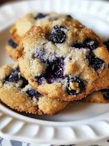 Homemade blueberry muffin cookies with sugar-crusted tops and baked blueberries, stacked on a white scalloped plate over a floral tablecloth.