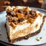 Homemade Butterfinger pie slice with a chocolate cookie crust, creamy peanut butter filling, whipped topping, and chunks of chocolate and caramel candy, served on a white plate with scattered crumbs.