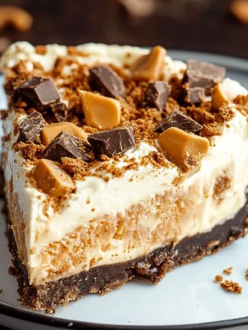 Homemade Butterfinger pie slice with a chocolate cookie crust, creamy peanut butter filling, whipped topping, and chunks of chocolate and caramel candy, served on a white plate with scattered crumbs.
