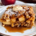 Homemade caramel apple dump cake topped with whipped cream, drizzled with caramel sauce, and dusted with powdered sugar on a white plate.