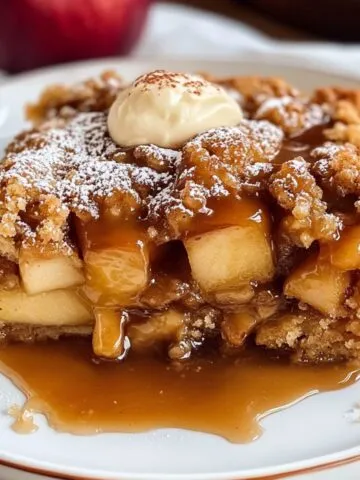 Homemade caramel apple dump cake topped with whipped cream, drizzled with caramel sauce, and dusted with powdered sugar on a white plate.