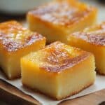Close-up of freshly baked homemade cassava cake recipe , sliced into neat golden-brown squares and arranged on a piece of parchment paper over a wooden board. Each slice has a glossy, caramelized top with a slightly crisp edge and a moist, dense interior that reveals the rich yellow hue of the cassava base.