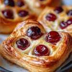 Homemade cherry cheese Danish with golden, flaky pastry, creamy filling, and glazed whole cherries on top.