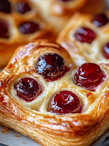 Homemade cherry cheese Danish with golden, flaky pastry, creamy filling, and glazed whole cherries on top.