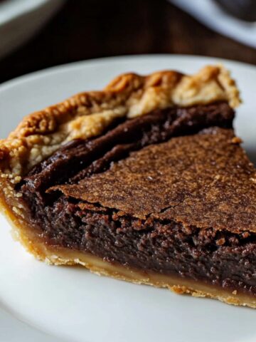 A slice of rich, homemade chocolate chess pie with a crackly top, fudgy center, and golden, flaky crust on a white plate.