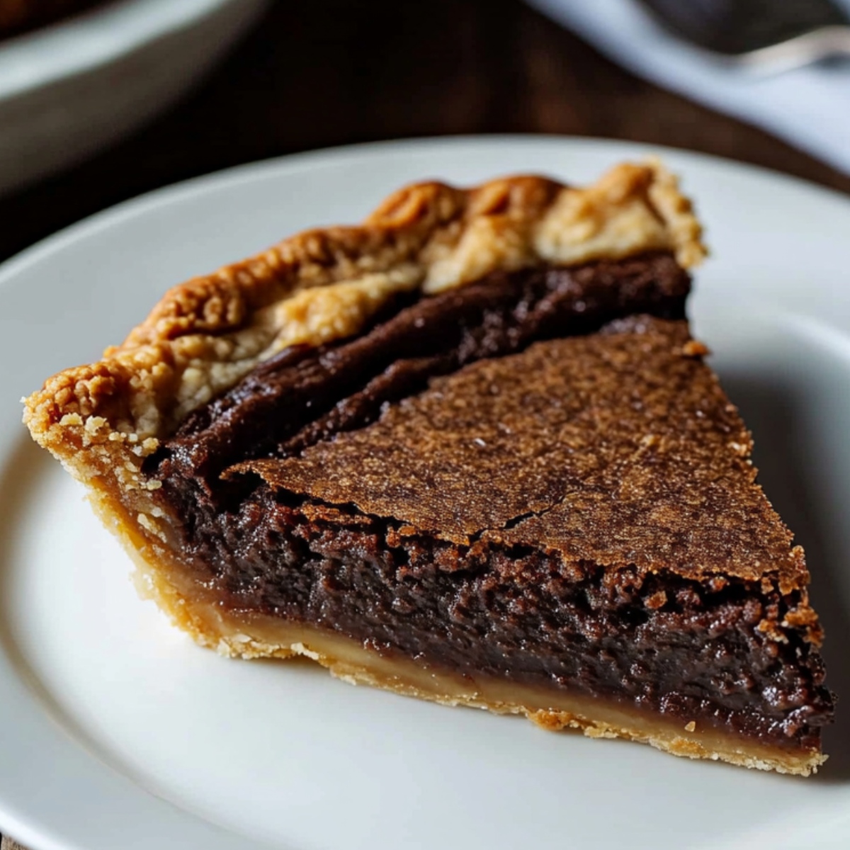 A slice of rich, homemade chocolate chess pie with a crackly top, fudgy center, and golden, flaky crust on a white plate.