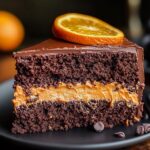 A slice of homemade chocolate orange cake with creamy orange filling, chocolate ganache topping, and a fresh orange slice on top.