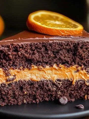 A slice of homemade chocolate orange cake with creamy orange filling, chocolate ganache topping, and a fresh orange slice on top.
