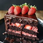 Homemade chocolate strawberry cake slice with moist chocolate layers, strawberry cream filling, fresh strawberries, and glossy chocolate ganache on top.