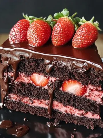 Homemade chocolate strawberry cake slice with moist chocolate layers, strawberry cream filling, fresh strawberries, and glossy chocolate ganache on top.