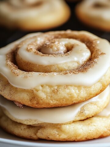 Homemade cinnamon roll cookies stacked on a plate, swirled with icing and dusted with cinnamon sugar, with more cookies cooling in the background.