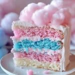Homemade cotton candy cake slice with pink, blue, and white layers, fluffy frosting, and a pink cotton candy topping, served on a white plate with candy pearls.