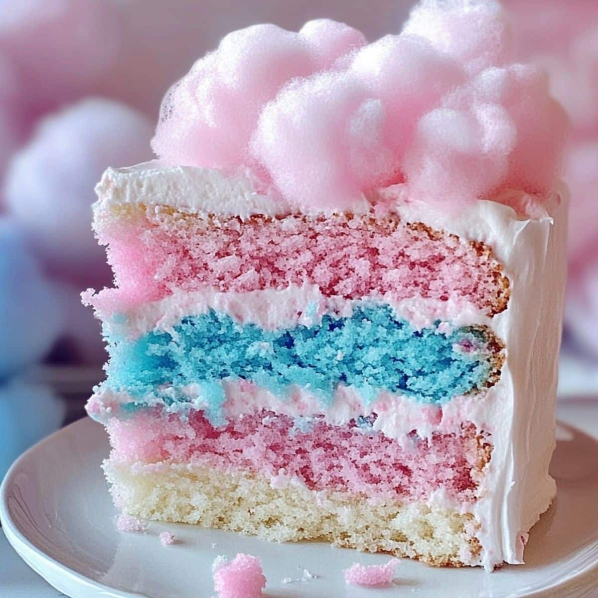 Homemade cotton candy cake slice with pink, blue, and white layers, fluffy frosting, and a pink cotton candy topping, served on a white plate with candy pearls.