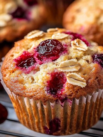 A golden-brown Homemade Cranberry Muffins in a white paper liner, topped with rolled oats and bursting cranberries, resting on a black cooling rack with more muffins and fresh cranberries in the background.