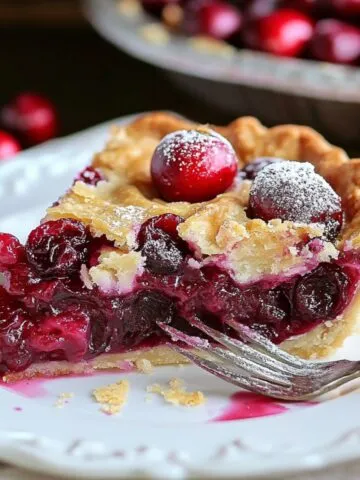 A slice of homemade cranberry pie with a golden crust and juicy whole cranberries, topped with powdered sugar, served on a white plate with a fork.